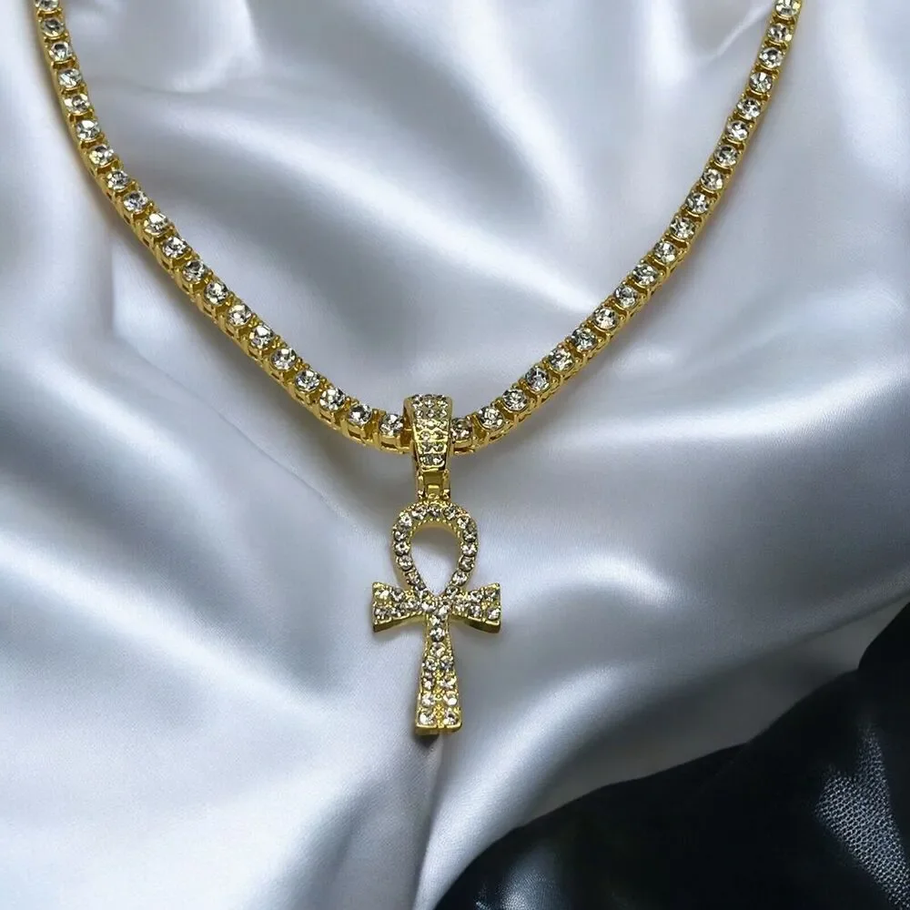 Gold Tone Ahnk Cross Tennis Pendant Necklace 23” Crystal Men's Faith Fashion NEW